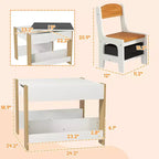Set tavolo e sedie per bambini Etokfoks 3 pezzi, con piano reversibile lavagna, cassetti portaoggetti, libreria per sala giochi, cameretta, età 3-8 anni, grigio