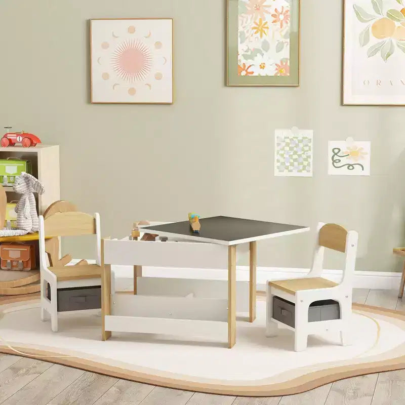 Set tavolo e sedie per bambini Etokfoks 3 pezzi, con piano reversibile lavagna, cassetti portaoggetti, libreria per sala giochi, cameretta, età 3-8 anni, grigio