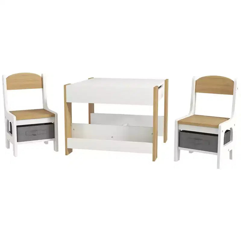 Set tavolo e sedie per bambini Etokfoks 3 pezzi, con piano reversibile lavagna, cassetti portaoggetti, libreria per sala giochi, cameretta, età 3-8 anni, grigio
