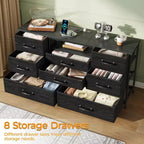 Mobile TV nero da 50 pollici con cassettiera a 8 cassetti, stazione di ricarica per camera da letto, torre portaoggetti in tessuto, ripiani in legno, console multimediale, organizer, unità domestica
