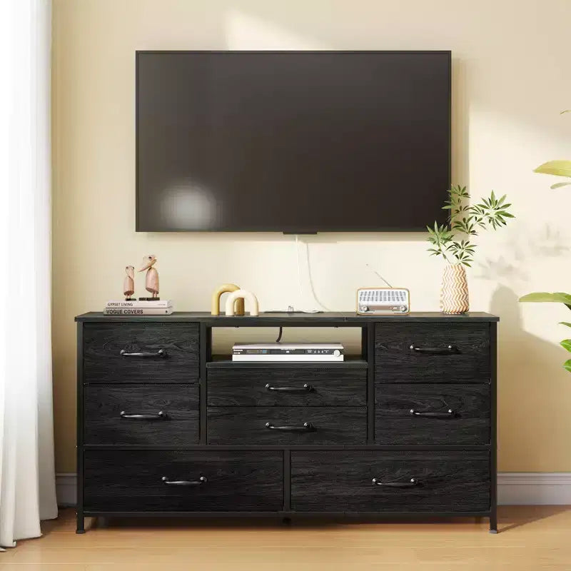 Mobile TV nero da 50 pollici con cassettiera a 8 cassetti, stazione di ricarica per camera da letto, torre portaoggetti in tessuto, ripiani in legno, console multimediale, organizer, unità domestica
