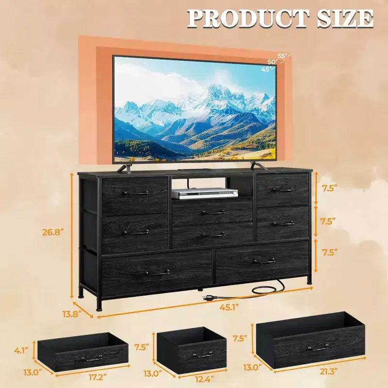 Mobile TV nero da 50 pollici con cassettiera a 8 cassetti, stazione di ricarica per camera da letto, torre portaoggetti in tessuto, ripiani in legno, console multimediale, organizer, unità domestica