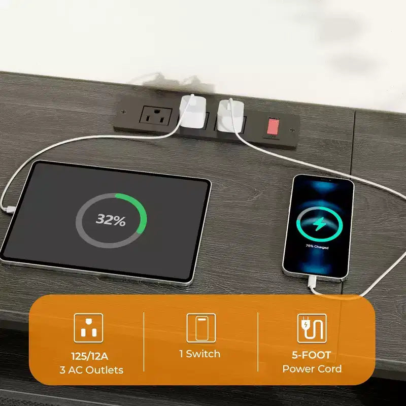 Mobile TV nero da 50 pollici con cassettiera a 8 cassetti, stazione di ricarica per camera da letto, torre portaoggetti in tessuto, ripiani in legno, console multimediale, organizer, unità domestica