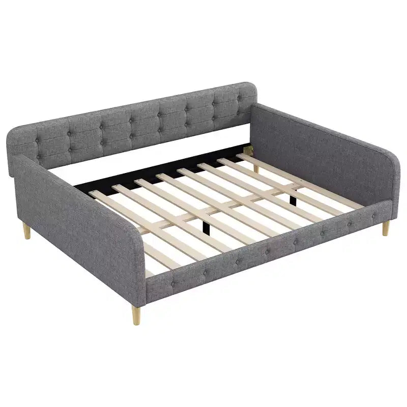 Divano letto imbottito Queen Size con schienale trapuntato a bottoni, divano letto in lino con 4 gambe di supporto, grigio