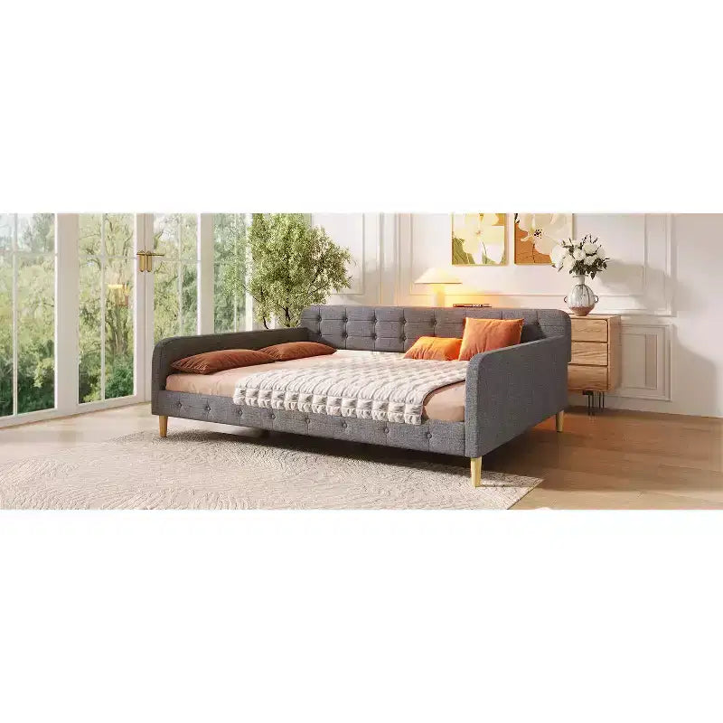 Divano letto imbottito Queen Size con schienale trapuntato a bottoni, divano letto in lino con 4 gambe di supporto, grigio