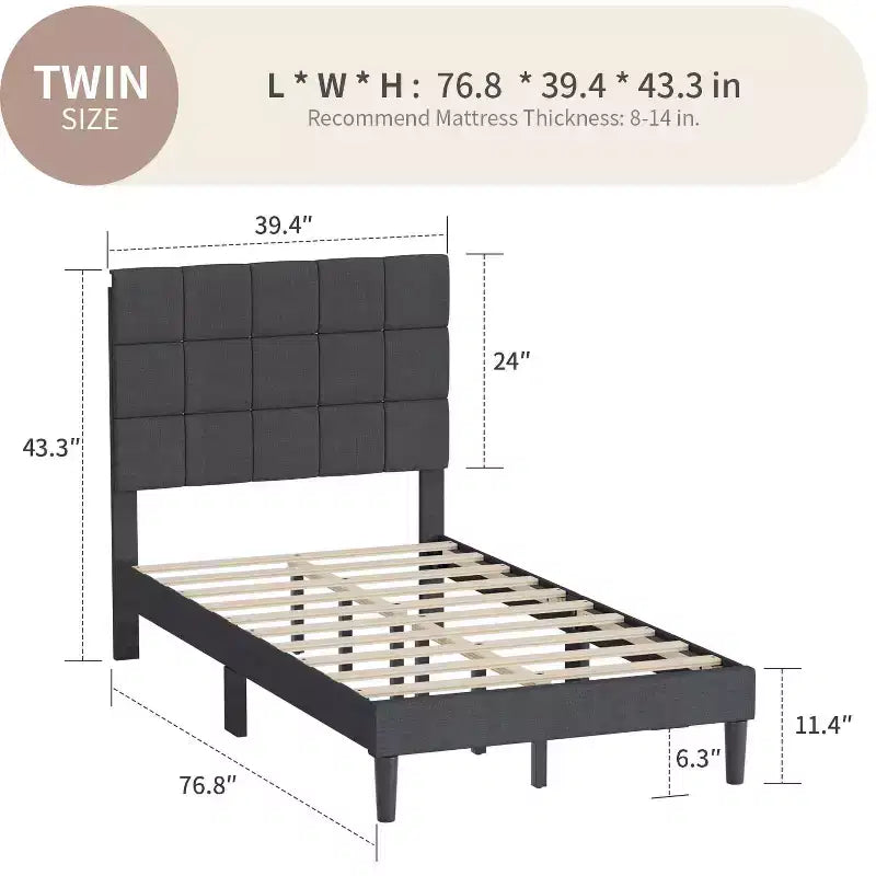 FDW Struttura Letto Matrimoniale/Una Piazza e Mezza/Queen/King con Testiera Imbottita in Tessuto, Supporto a Doghe in Legno, Nessuna Rete a Molle Necessaria, Grigio Scuro