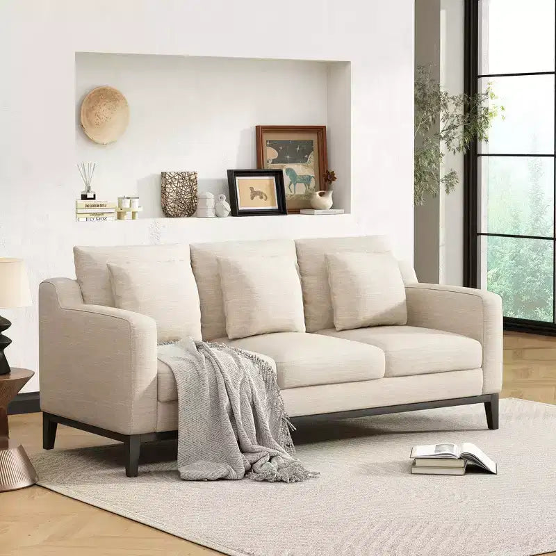 Whisen Modern Comfy 3-Seater Sofa, Upholstered Couch with Wooden Legs