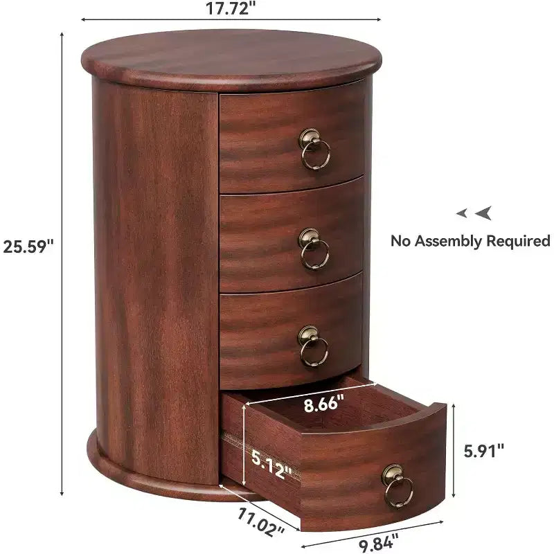 Tavolino Lantine, Tavolino Rotondo in Legno Massello con Vano Contenitore, Comodino Moderno di Metà Secolo con 4 Cassetti per Camera da Letto, Nessun Montaggio Richiesto