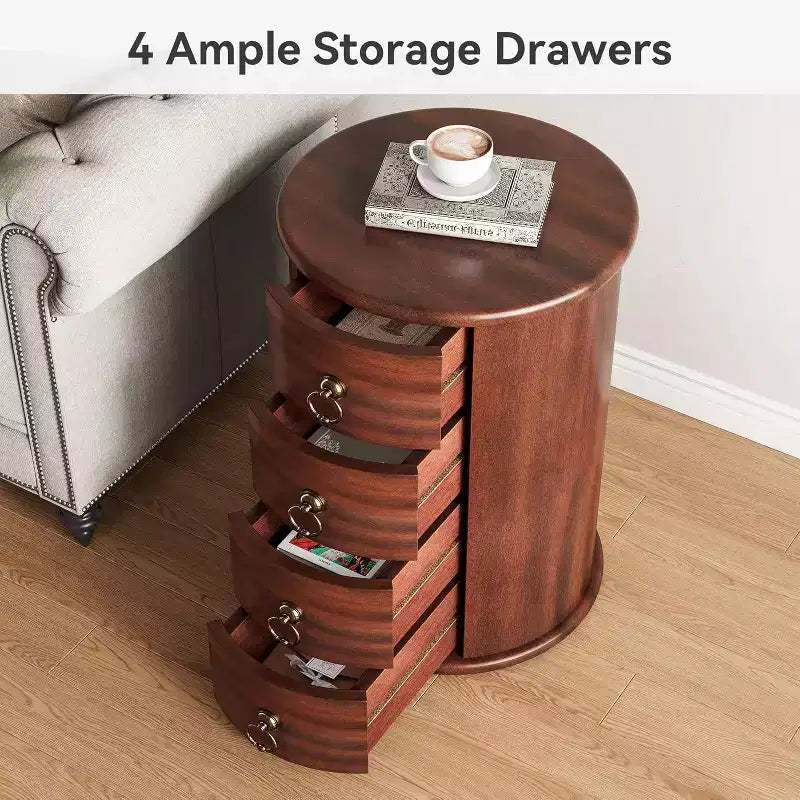 Tavolino Lantine, Tavolino Rotondo in Legno Massello con Vano Contenitore, Comodino Moderno di Metà Secolo con 4 Cassetti per Camera da Letto, Nessun Montaggio Richiesto