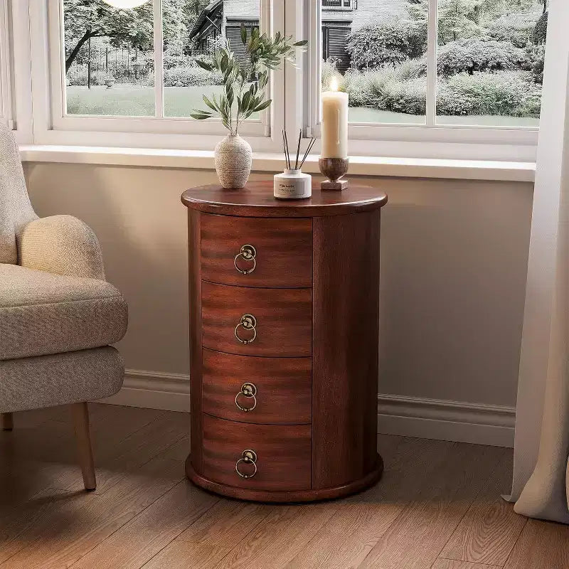 Tavolino Lantine, Tavolino Rotondo in Legno Massello con Vano Contenitore, Comodino Moderno di Metà Secolo con 4 Cassetti per Camera da Letto, Nessun Montaggio Richiesto