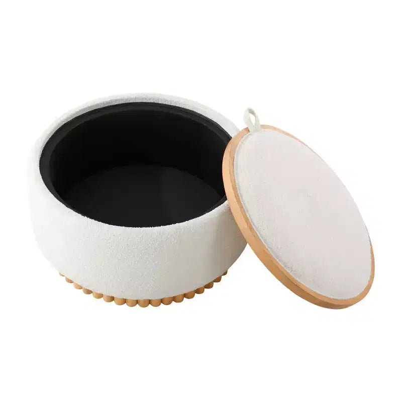 Whisen 29 Pouf Contenitore Rotondo, Tavolino Moderno, Poggiapiedi in Tessuto Bouclé con Struttura in Legno, Nessun Montaggio Richiesto