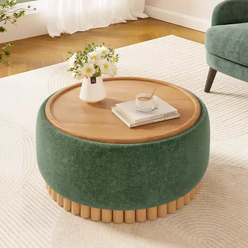 Whisen 29 Pouf Contenitore Rotondo, Tavolino Moderno, Poggiapiedi in Tessuto Bouclé con Struttura in Legno, Nessun Montaggio Richiesto
