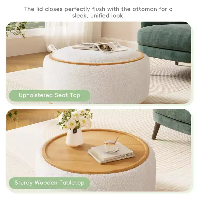 Whisen 29 Pouf Contenitore Rotondo, Tavolino Moderno, Poggiapiedi in Tessuto Bouclé con Struttura in Legno, Nessun Montaggio Richiesto