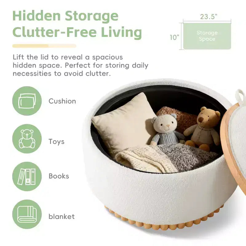 Whisen 29 Pouf Contenitore Rotondo, Tavolino Moderno, Poggiapiedi in Tessuto Bouclé con Struttura in Legno, Nessun Montaggio Richiesto