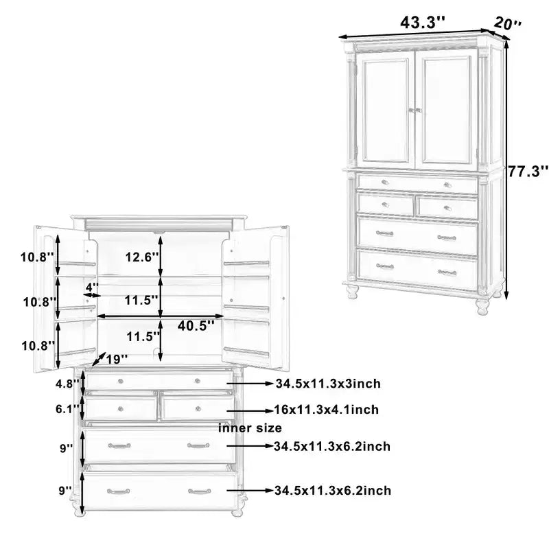 Dispensa grande da cucina Whisen, armadio alto, credenze con 6 ante a ripiani, 2 ripiani regolabili e 5 cassetti