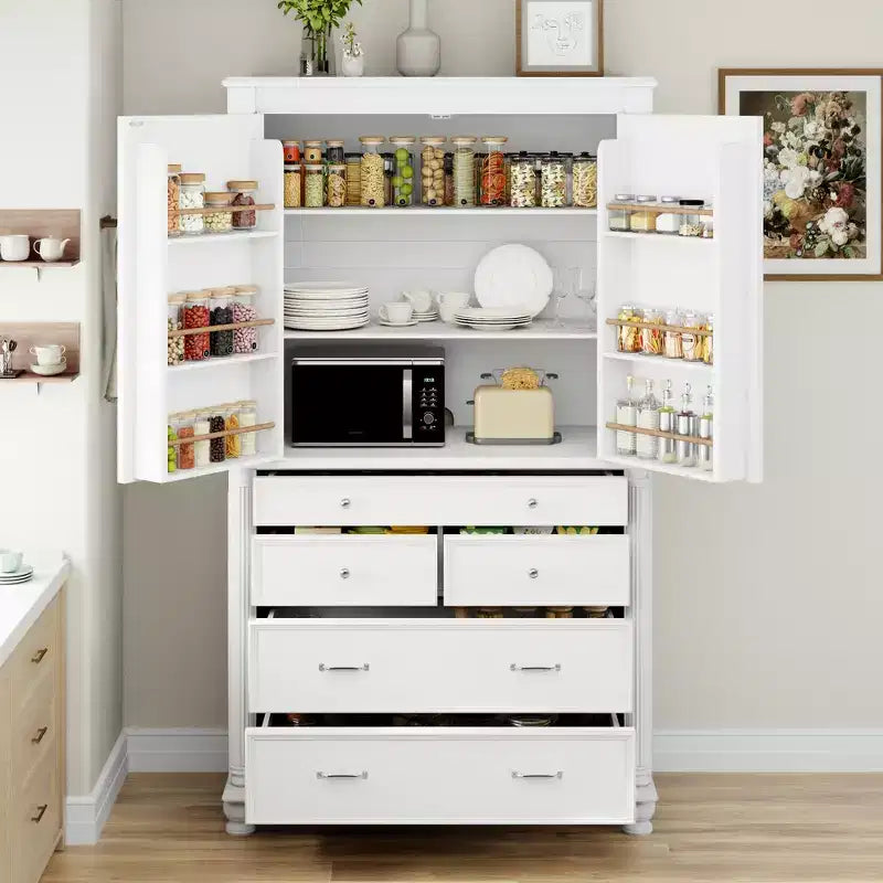 Dispensa grande da cucina Whisen, armadio alto, credenze con 6 ante a ripiani, 2 ripiani regolabili e 5 cassetti