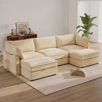MooxvMoo 112in U Shaped Sectional Couch w/ Pull Out Drawer & Throw Pillows & Storage Ottoman,Couch with Storage,Chenille Sofas for Living Room,Wheat
