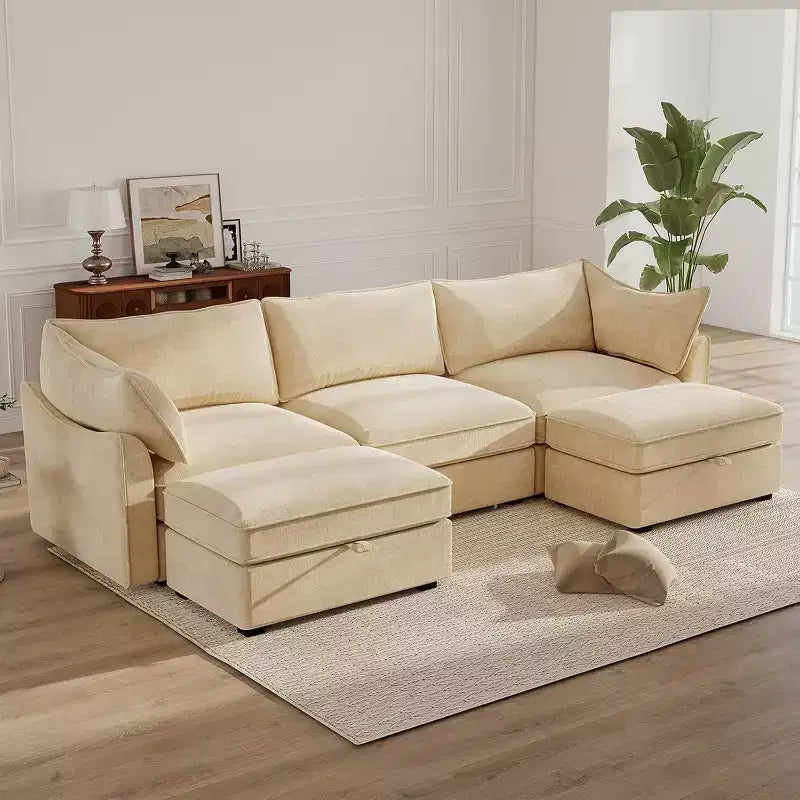 MooxvMoo 112in U Shaped Sectional Couch w/ Pull Out Drawer & Throw Pillows & Storage Ottoman,Couch with Storage,Chenille Sofas for Living Room,Wheat