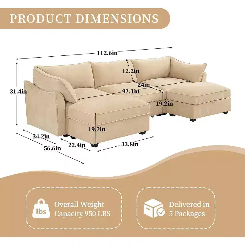 Divano componibile a U MooxvMoo 112 pollici con cassetto estraibile e cuscini decorativi e pouf contenitore, Divano con contenitore, Divani in ciniglia per soggiorno, Grano
