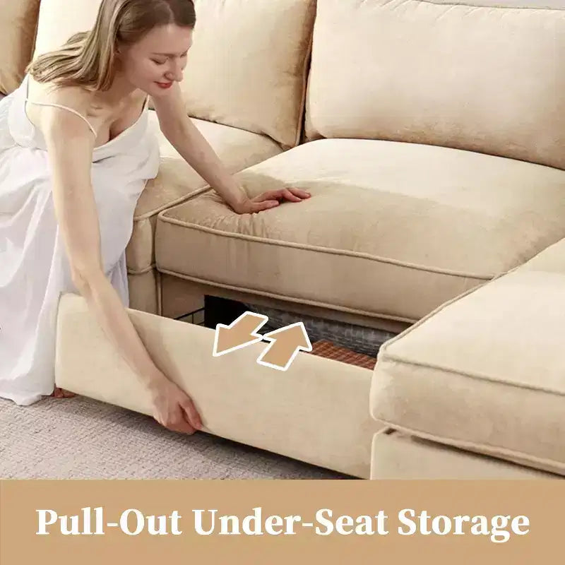 Divano componibile a U MooxvMoo 112 pollici con cassetto estraibile e cuscini decorativi e pouf contenitore, Divano con contenitore, Divani in ciniglia per soggiorno, Grano