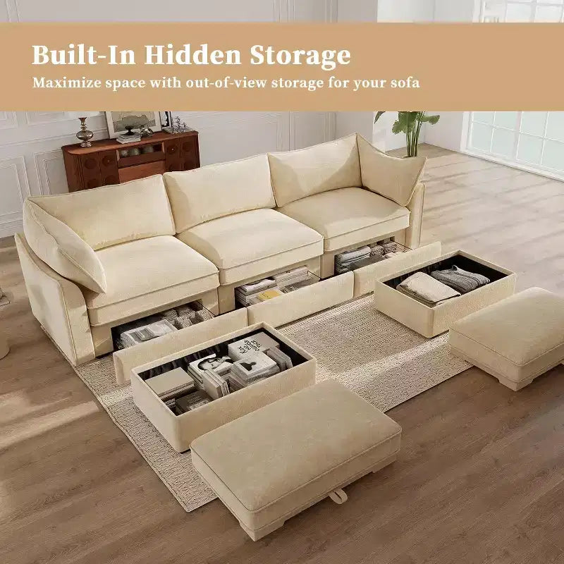 Divano componibile a U MooxvMoo 112 pollici con cassetto estraibile e cuscini decorativi e pouf contenitore, Divano con contenitore, Divani in ciniglia per soggiorno, Grano