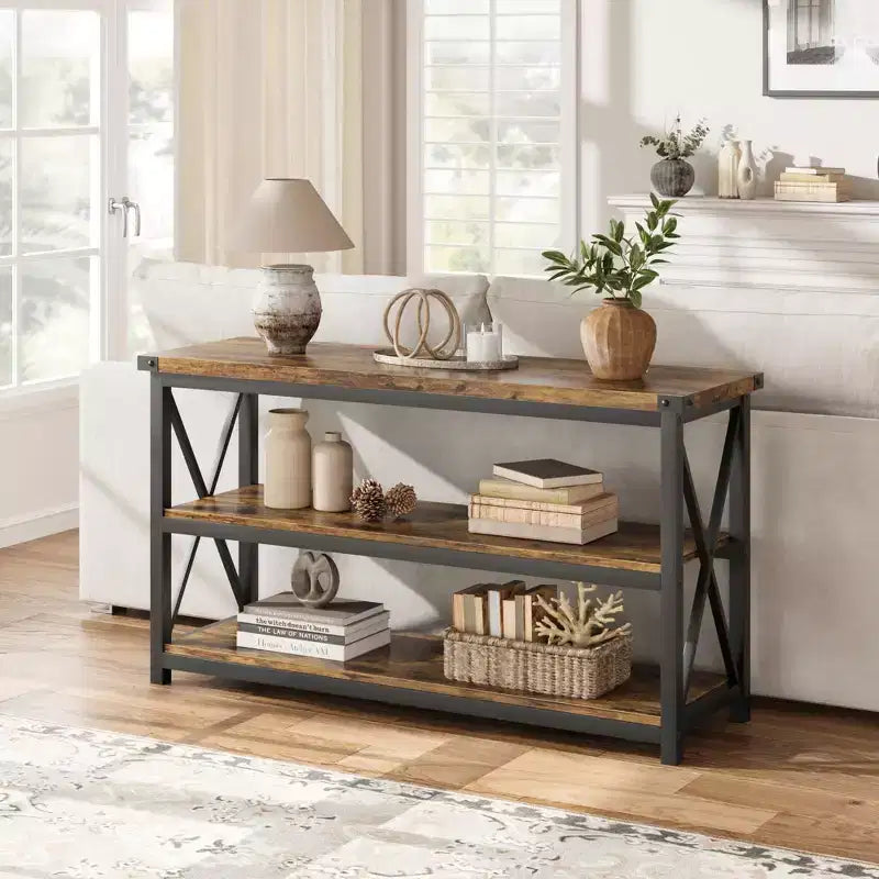 Industrial Console Table, 47 Inch Long Entryway Table with 3 Storage Shelves, Rectangular Sofa & Hallway Table for Living Room, Bedroom, Foyer Dcor