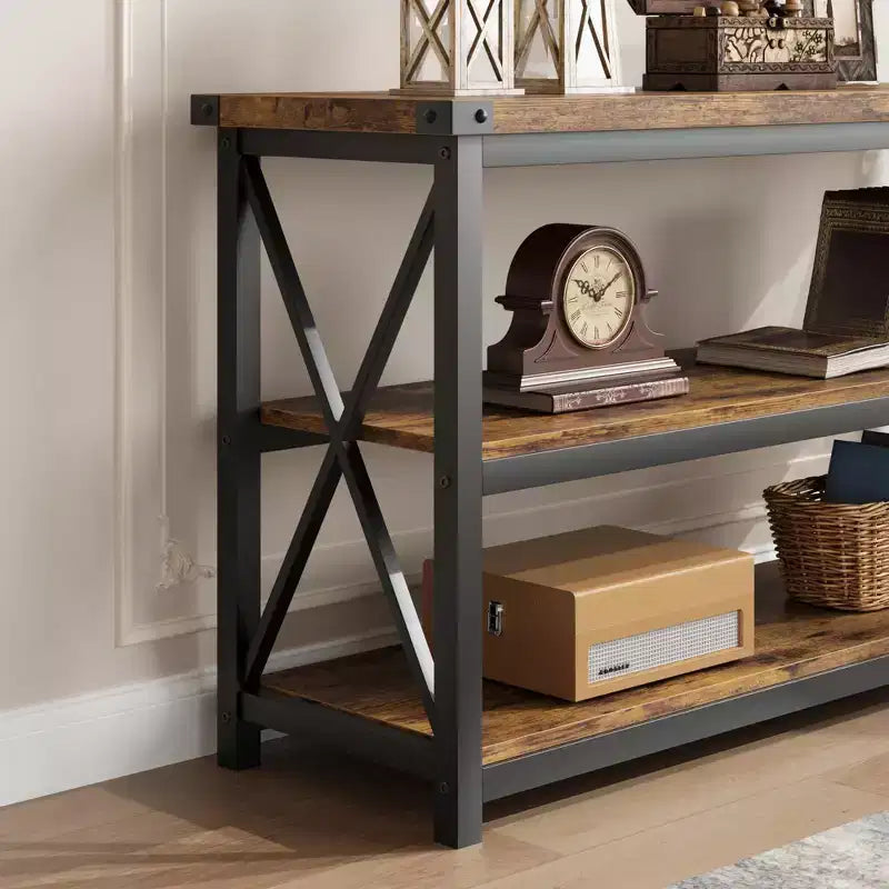 Consolle Industriale, Tavolo da Ingresso Lungo 120 cm con 3 Ripiani Contenitori, Tavolo Rettangolare per Divano e Corridoio per Soggiorno, Camera da Letto, Decorazione Foyer