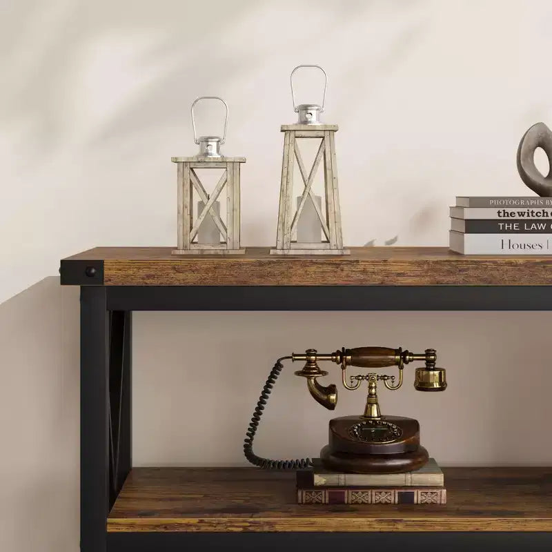 Consolle Industriale, Tavolo da Ingresso Lungo 120 cm con 3 Ripiani Contenitori, Tavolo Rettangolare per Divano e Corridoio per Soggiorno, Camera da Letto, Decorazione Foyer