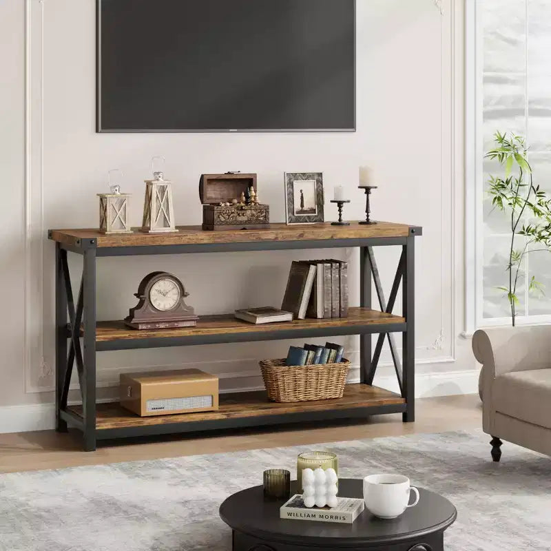 Consolle Industriale, Tavolo da Ingresso Lungo 120 cm con 3 Ripiani Contenitori, Tavolo Rettangolare per Divano e Corridoio per Soggiorno, Camera da Letto, Decorazione Foyer