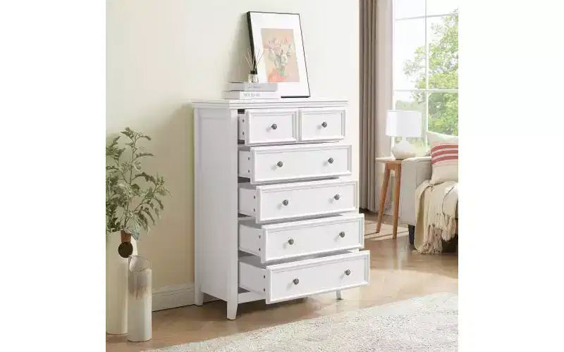 JVNOXK Armadietto moderno a sei cassetti in stile rustico, organizzatore per guardaroba, armadietto porta abiti per soggiorno con guide metalliche per cassetti, bianco