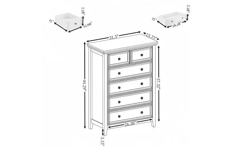JVNOXK Armadietto moderno a sei cassetti in stile rustico, organizzatore per guardaroba, armadietto porta abiti per soggiorno con guide metalliche per cassetti, bianco