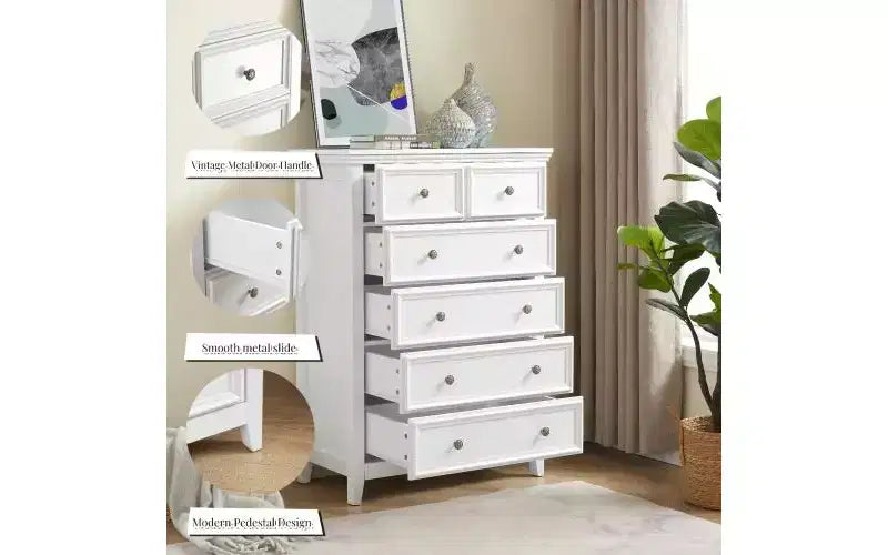 JVNOXK Armadietto moderno a sei cassetti in stile rustico, organizzatore per guardaroba, armadietto porta abiti per soggiorno con guide metalliche per cassetti, bianco