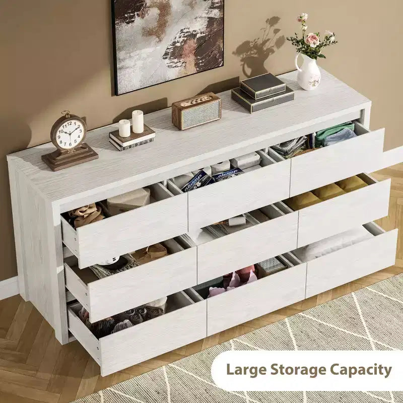 Comò a 9 cassetti per camera da letto, cassettiera moderna ampia, cassettiera grande in legno, organizer contenitore senza maniglie per soggiorno, ingresso, corridoio
