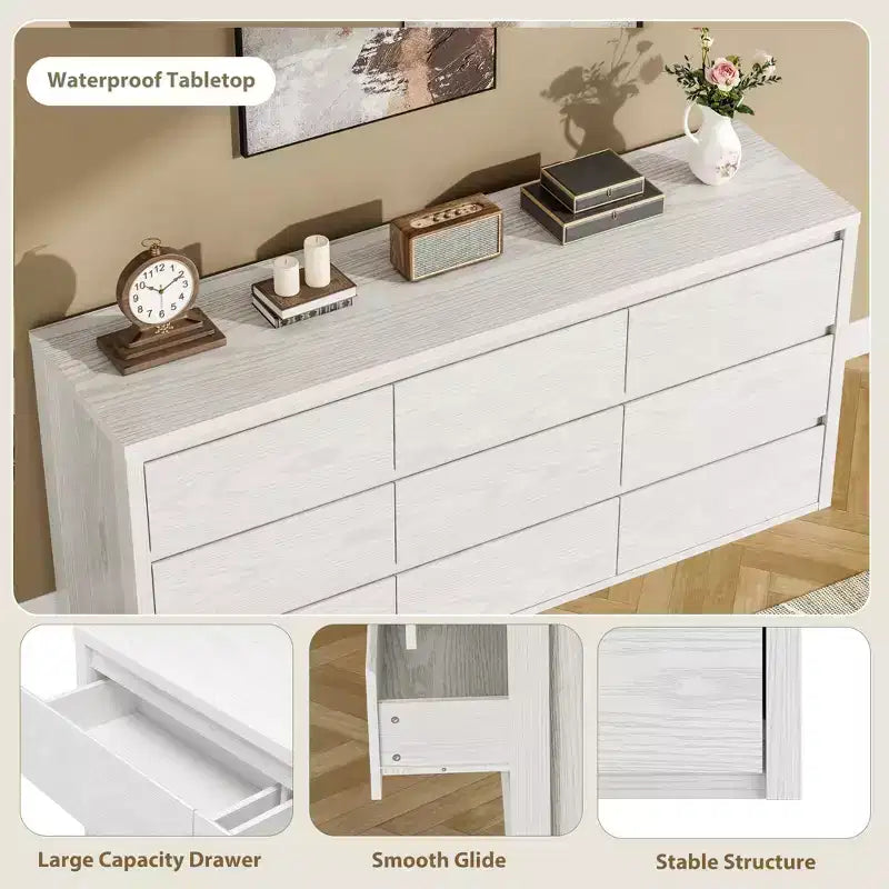 Comò a 9 cassetti per camera da letto, cassettiera moderna ampia, cassettiera grande in legno, organizer contenitore senza maniglie per soggiorno, ingresso, corridoio