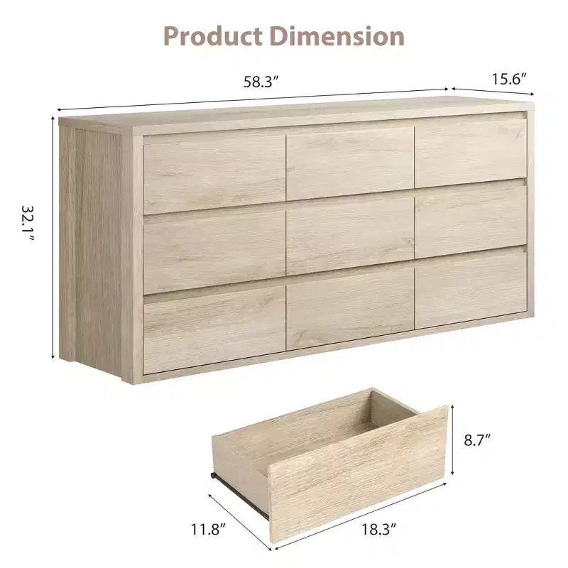 Comò a 9 cassetti per camera da letto, cassettiera moderna ampia, cassettiera grande in legno, organizer contenitore senza maniglie per soggiorno, ingresso, corridoio