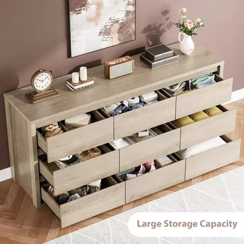 Comò a 9 cassetti per camera da letto, cassettiera moderna ampia, cassettiera grande in legno, organizer contenitore senza maniglie per soggiorno, ingresso, corridoio