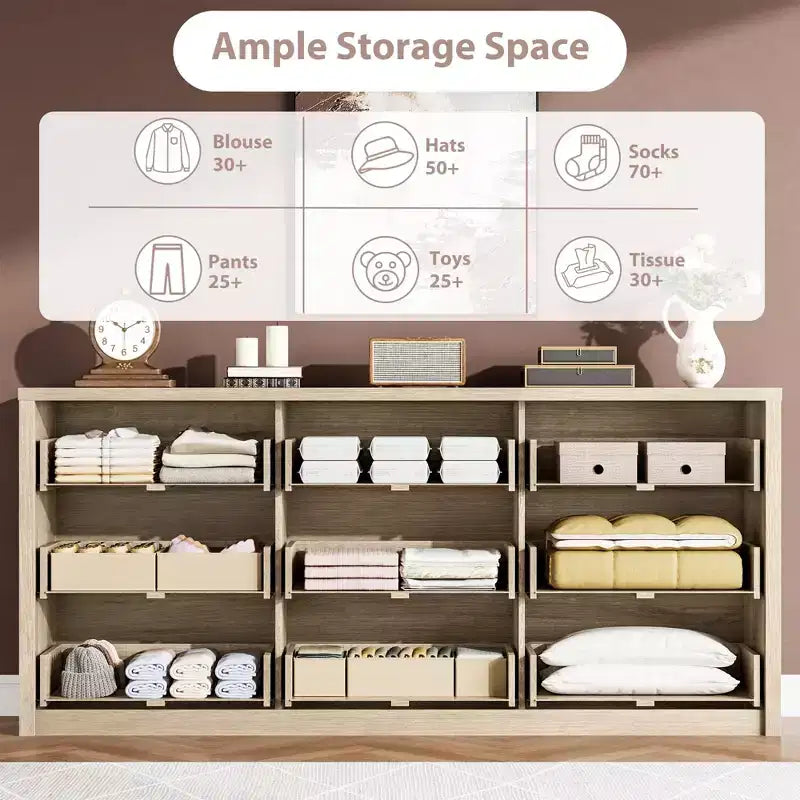 Comò a 9 cassetti per camera da letto, cassettiera moderna ampia, cassettiera grande in legno, organizer contenitore senza maniglie per soggiorno, ingresso, corridoio