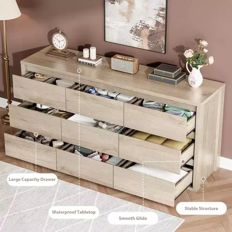 Comò a 9 cassetti per camera da letto, cassettiera moderna ampia, cassettiera grande in legno, organizer contenitore senza maniglie per soggiorno, ingresso, corridoio