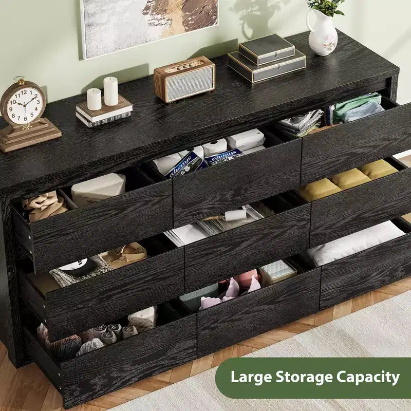 Comò a 9 cassetti per camera da letto, cassettiera moderna ampia, cassettiera grande in legno, organizer contenitore senza maniglie per soggiorno, ingresso, corridoio