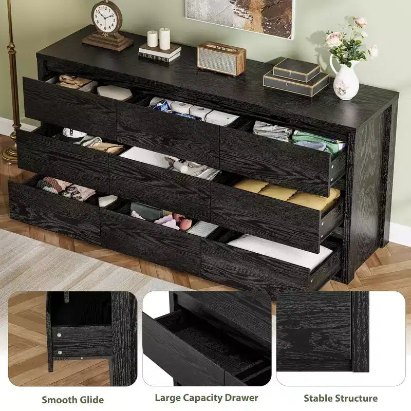 Comò a 9 cassetti per camera da letto, cassettiera moderna ampia, cassettiera grande in legno, organizer contenitore senza maniglie per soggiorno, ingresso, corridoio