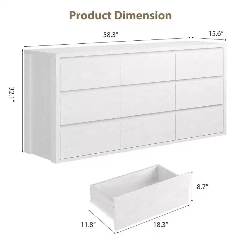 Comò a 9 cassetti per camera da letto, cassettiera moderna ampia, cassettiera grande in legno, organizer contenitore senza maniglie per soggiorno, ingresso, corridoio