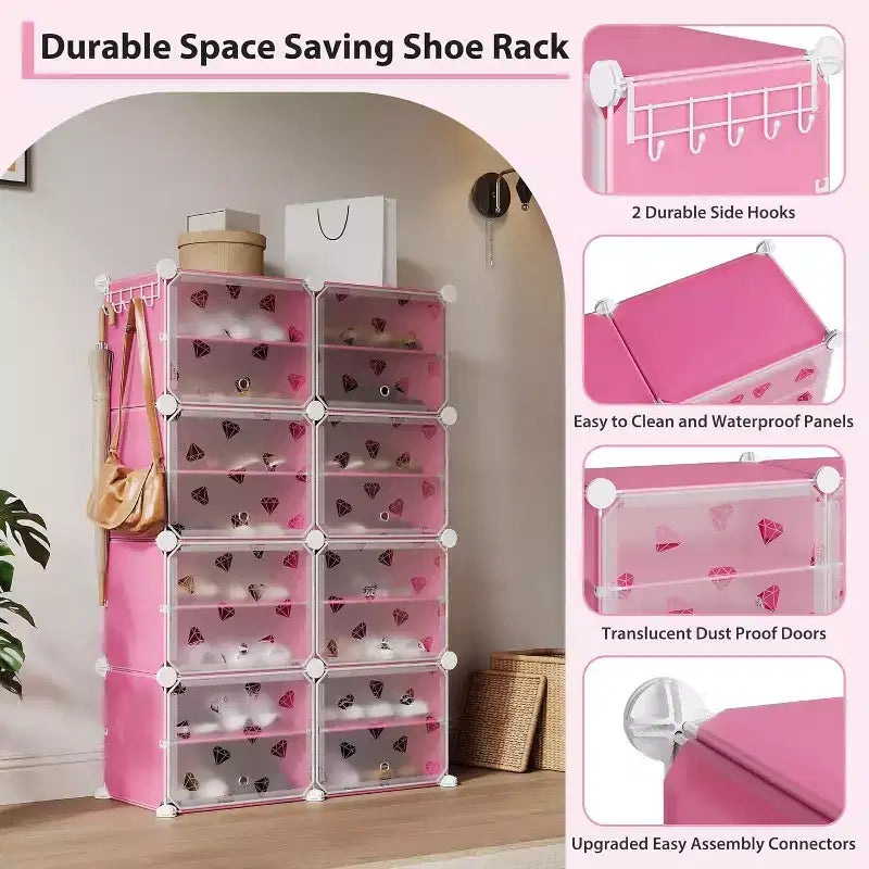Scarpiera staccabile a 8 ripiani, organizer espandibile per 32 paia di scarpe con sportello per ingresso e camera da letto, colore rosa
