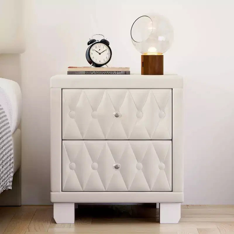 MAYEERTY Velvet Nightstand with 2 Drawers Crystal Handle Storage Bedside Table with Buttom Tufted Beige