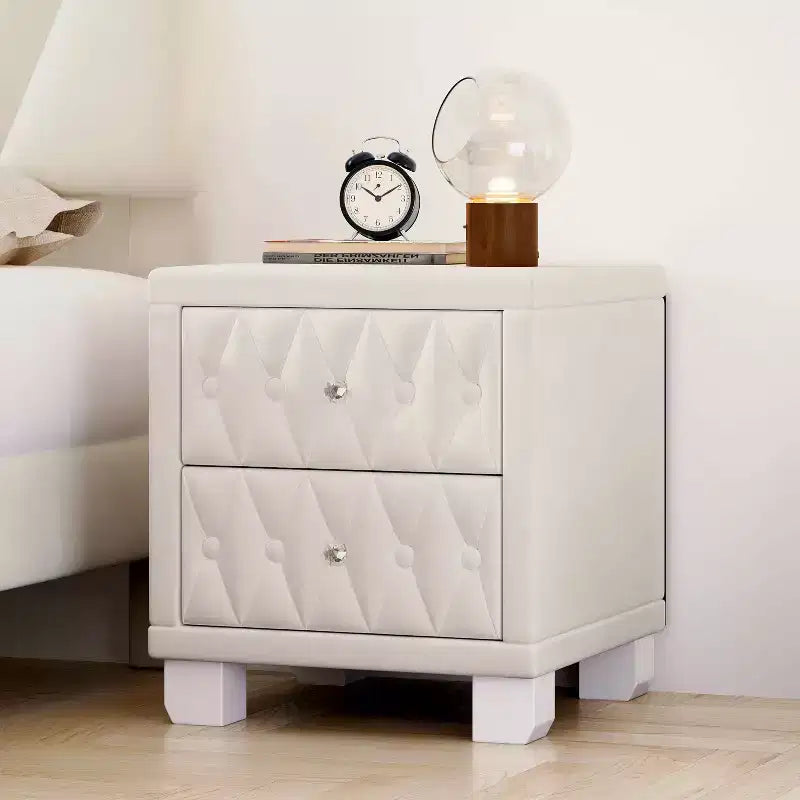 MAYEERTY Comodino in velluto con 2 cassetti, maniglia in cristallo, comodino contenitore con bottoni trapuntati, beige