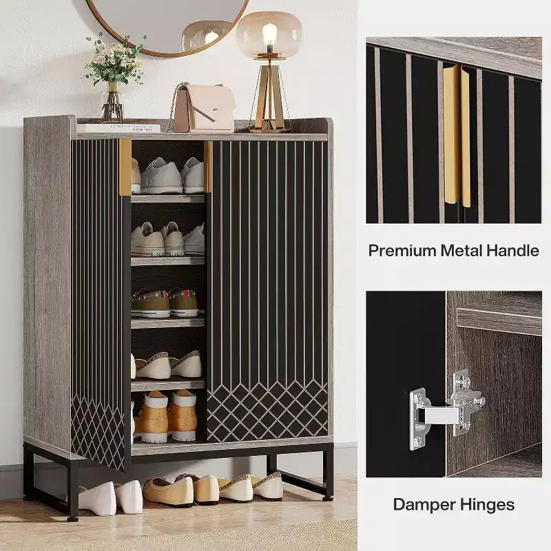 Lantine Scarpiera con Ante, Scarpiera Grigia a 5 Ripiani per 25 Paia, Scarpiera in Legno Organizer per Ingresso, Soggiorno, Corridoio