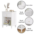 Comodino in Legno Bianco con un Cassetto e Ripiano, Maniglia Dorata, Struttura in MDF per Bambini e Adulti, Altezza 68 cm