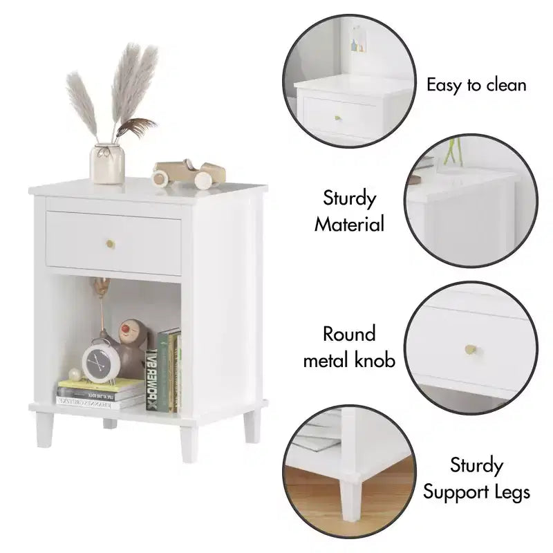 Comodino in Legno Bianco con un Cassetto e Ripiano, Maniglia Dorata, Struttura in MDF per Bambini e Adulti, Altezza 68 cm