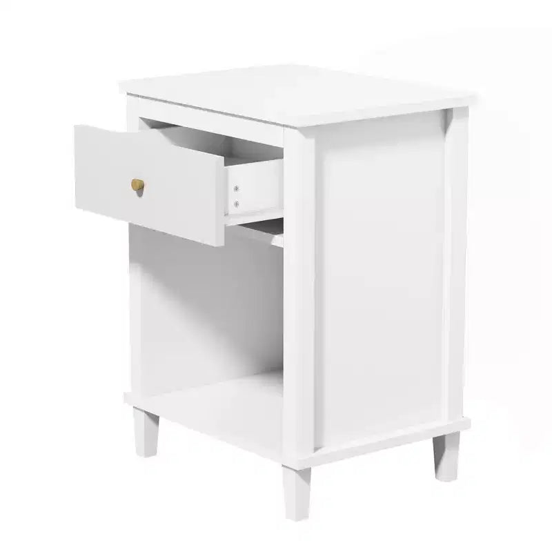Comodino in Legno Bianco con un Cassetto e Ripiano, Maniglia Dorata, Struttura in MDF per Bambini e Adulti, Altezza 68 cm