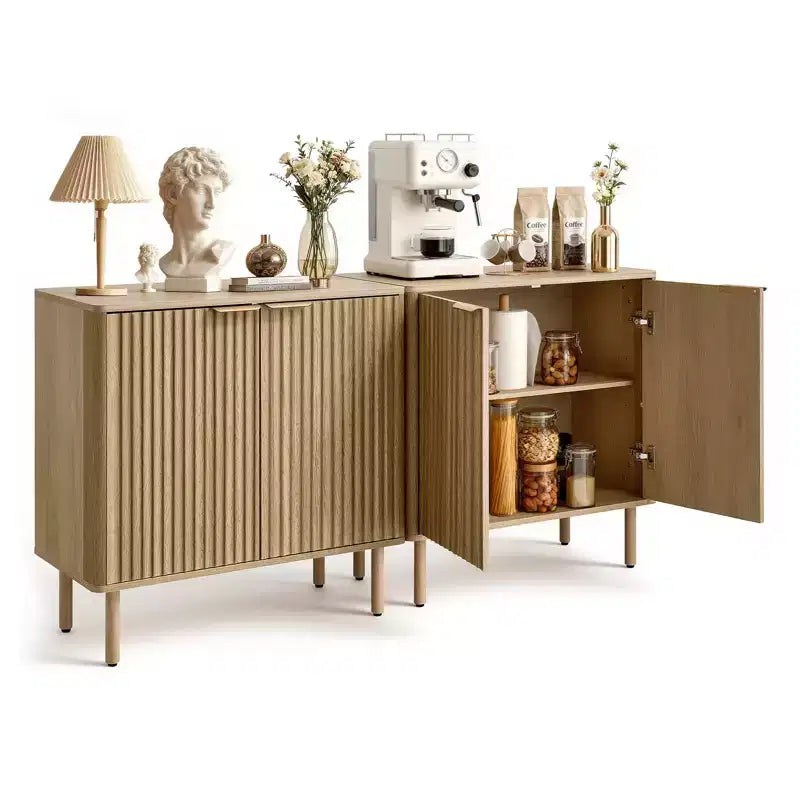 Mid-Century Coffee Bar Cabinet with Fluted Doors Adjustable Shelves 2-Tier Storage Oak