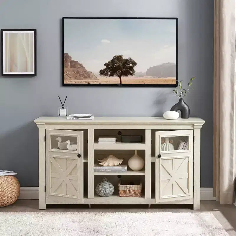 JVNOXK Mobile TV in stile rustico a doppia anta da 60 pollici, design a fienile, mobile porta TV rustico, mobile multimediale moderno con spazio di archiviazione, bianco